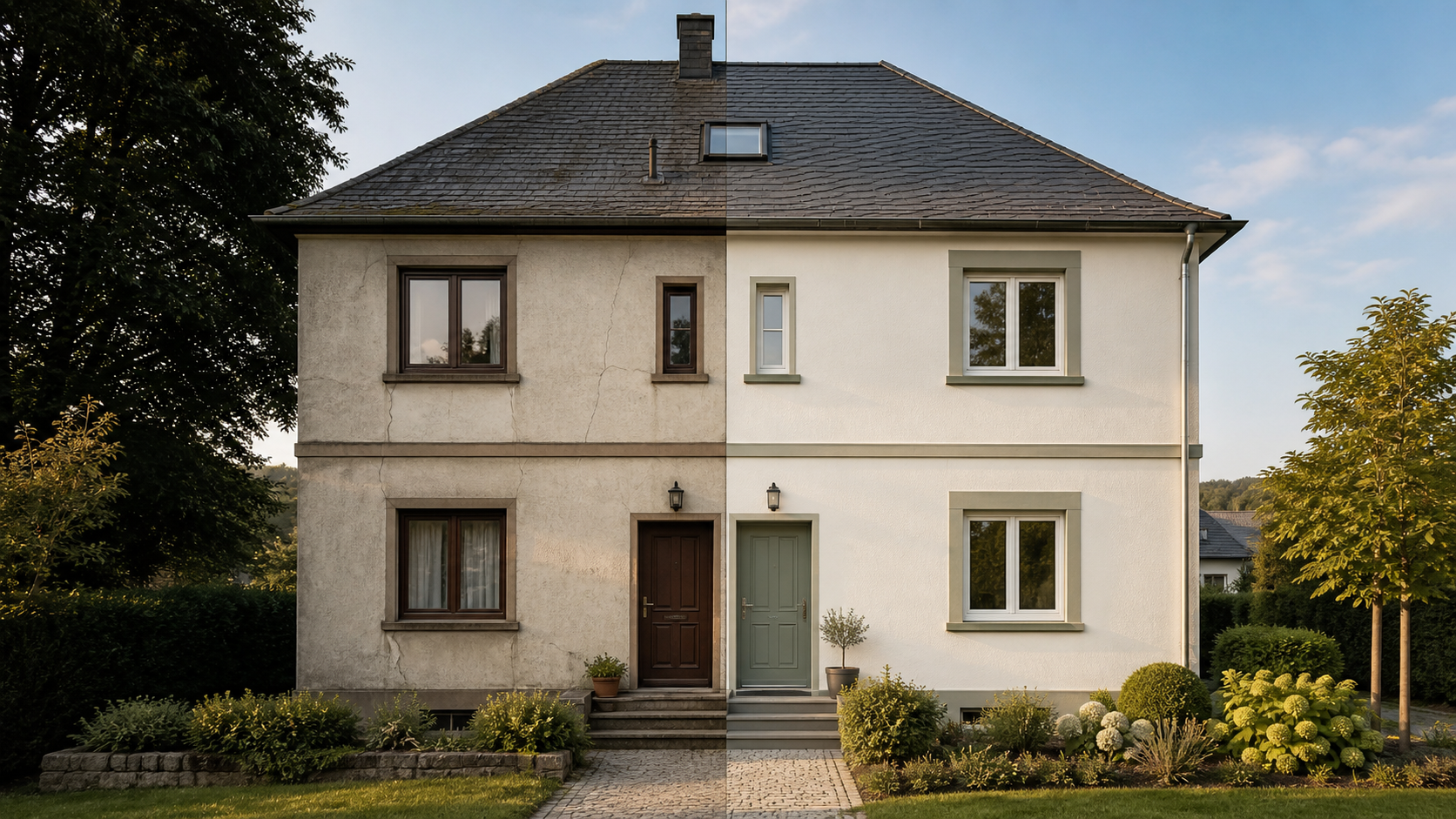 Wohnhaus vor und nach einer Fassadensanierung